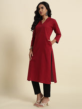 Thread Plus Cotton Flax Straight Kurti In Light Maroon Color For Women